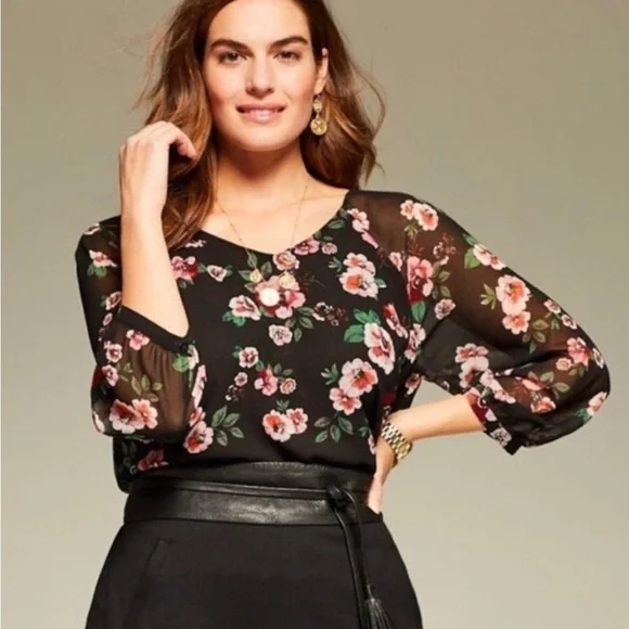 Cabi Garden Floral Black Sheer Women's Blouse Style 3595 Size Medium - Picture 1 of 8